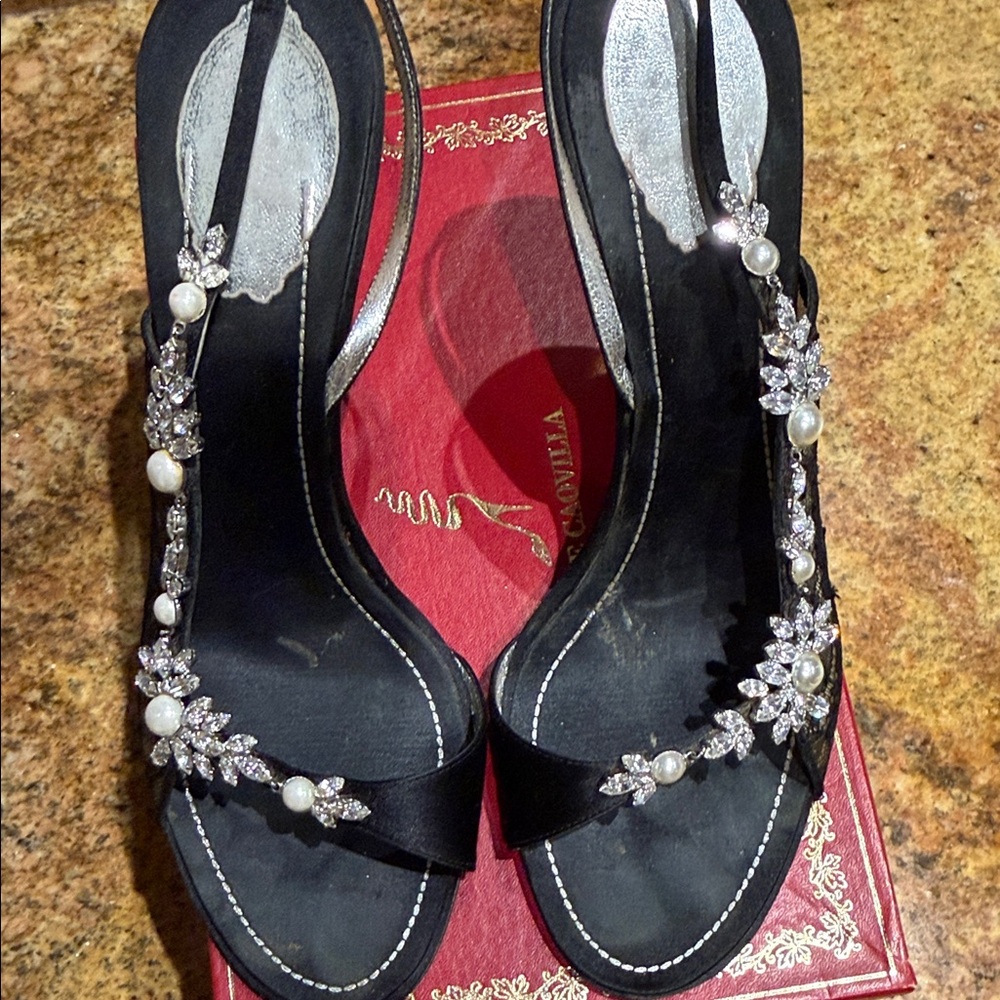 Rene Caovilla Black Heels with Lace, Crystal and Pearl Accents Sz 40 - Picture 5 of 6